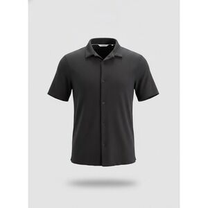 Kenneth Cole Mens Black Textured Ribbed Short Sleeve Button Down Shirt Casual